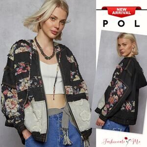 POL Zip Up Closure Floral & Lace Patch Oversize Black Washed Hooded Denim Jacket